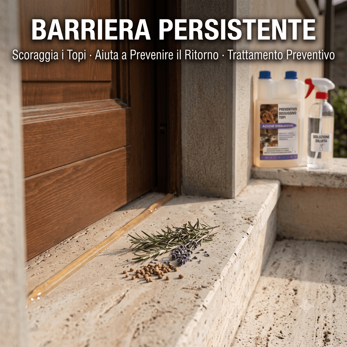 Disabituante per topi applicato come barriera protettiva persistente sulla soglia di una porta esterna.