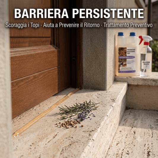 Applicazione di repellente per topi concentrato sulla soglia della porta per creare una barriera persistente e prevenire l'intrusione.