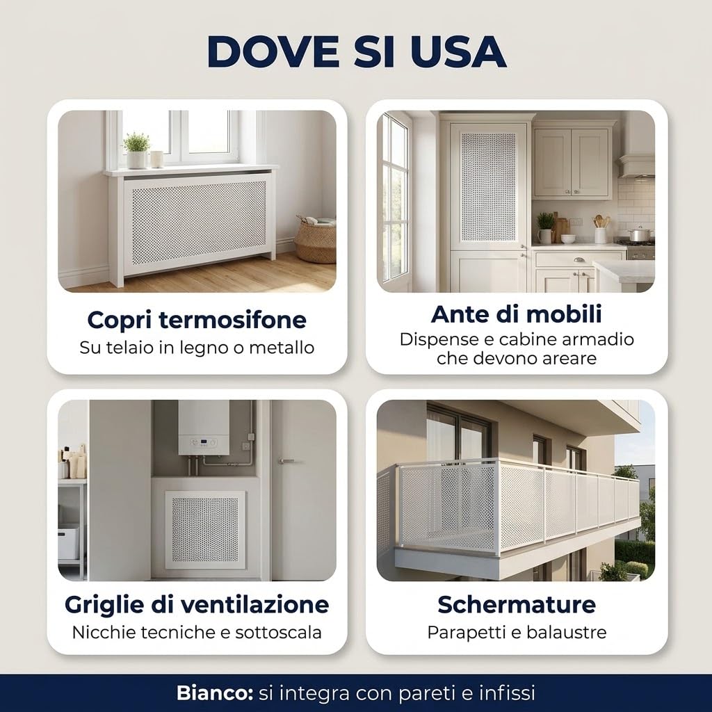 Lamiera Forata Alluminio Bianco - 2 Pannelli 100x100 cm, 2 mq - Spessore 1 mm - Copri Termosifone, Ante Mobili e Griglie - Già Tagliata, Arriva in Scatola - Lemag srl