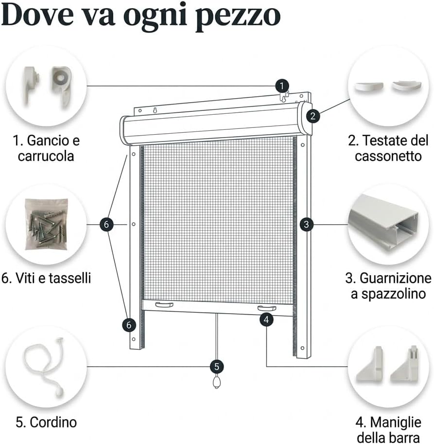Kit Ricambi Zanzariera a Rullo 7 Pezzi Spazzolino Cordino Maniglie - Lemag srl