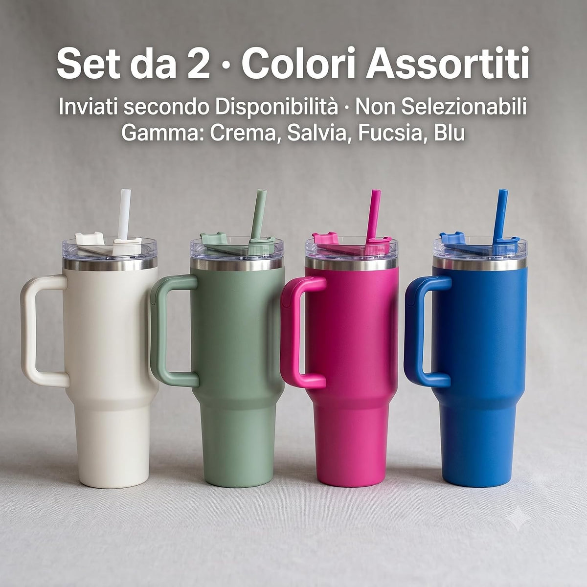 Set da 2 modello tazza termica con manico e cannuccia in colori assortiti crema, salvia, fucsia e blu.