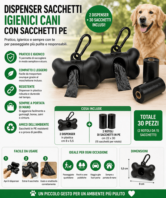 Dispenser Sacchetti Igienici Cani con 30 Sacchetti e Moschettone - Lemag srl