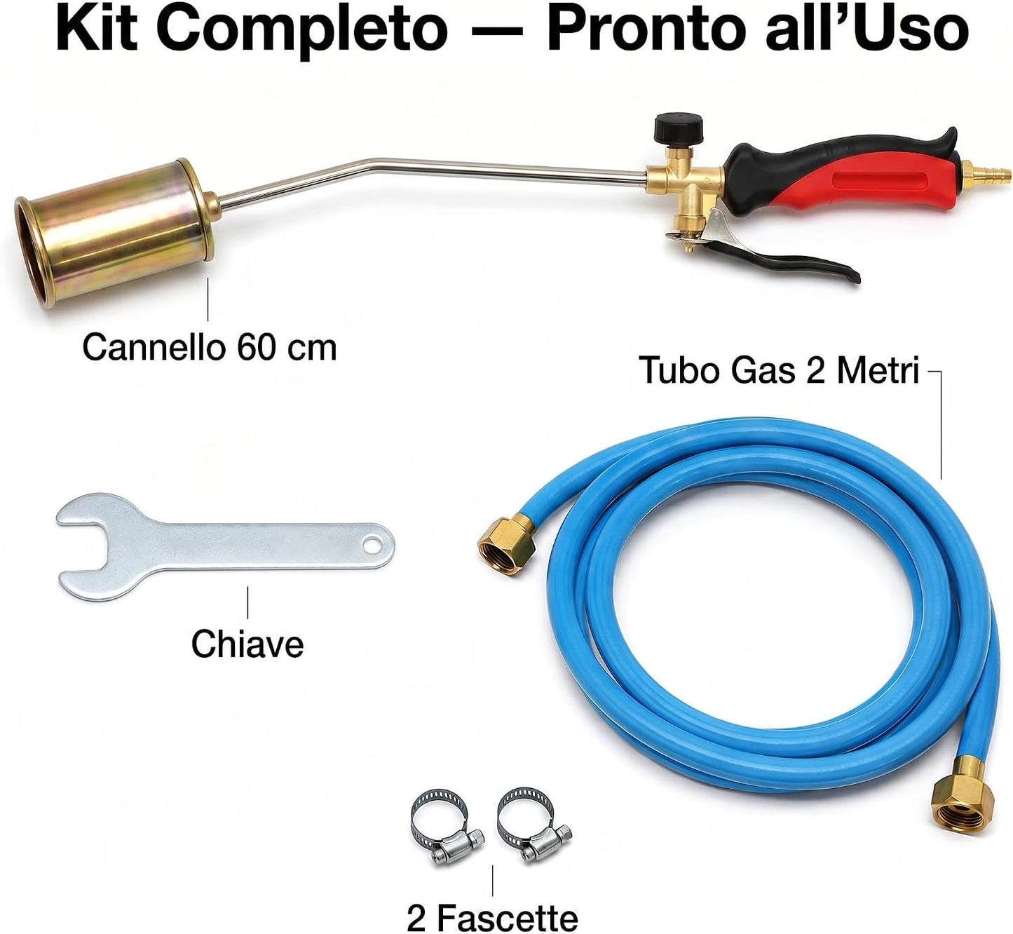 Cannello da Riscaldo a Gas con Leva 60 cm – Kit Completo con Chiave Tubo 2m e 2 Fascette – Bruciatore Ø45mm per Diserbo Termico Accensione e Sverniciatura – Cannello GPL - Lemag srl