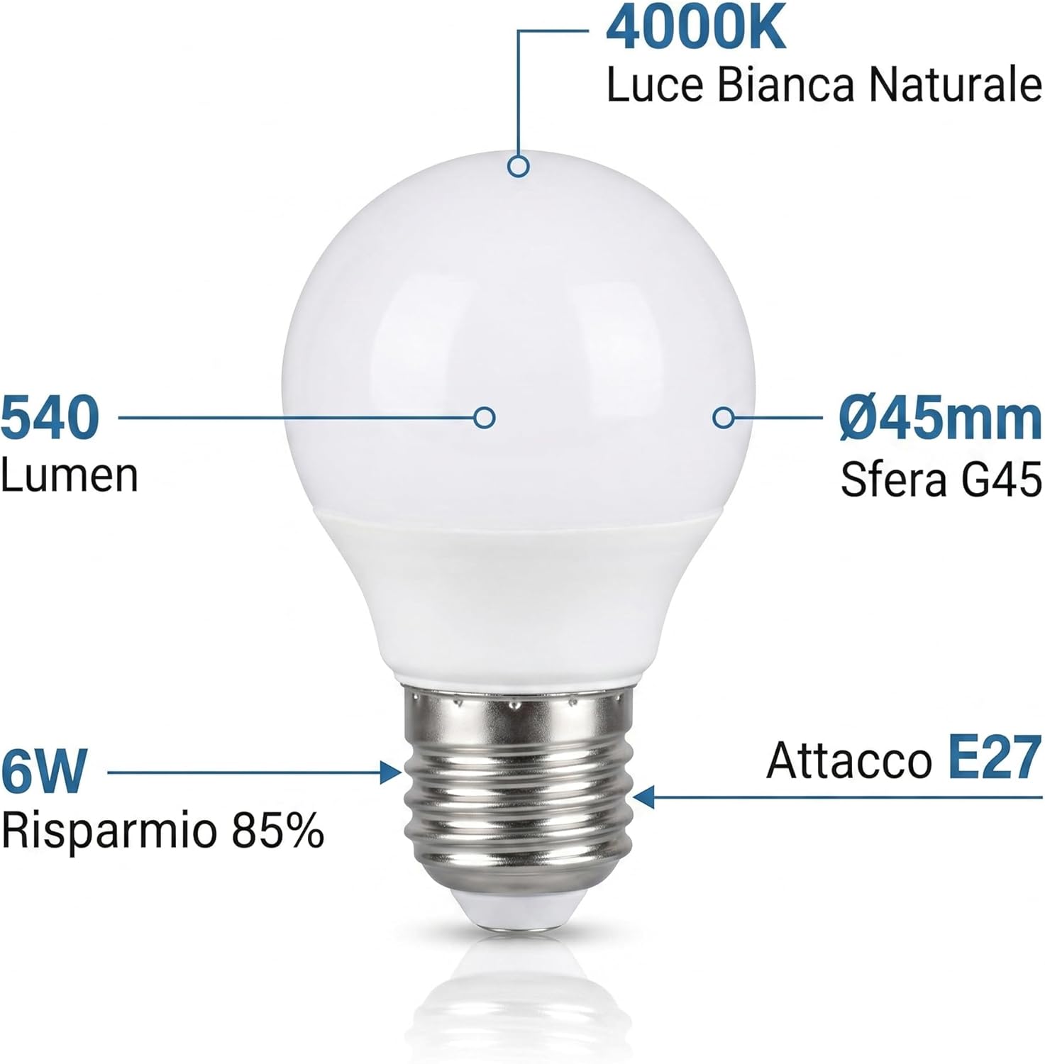 6 Lampadine LED Sfera G45 6W E27 – 540lm | Luce Bianca Naturale 4000K | Risparmio Energetico | Attacco E27 | Decorativa per Casa Ufficio Corridoio | Made in Italy - Lemag srl