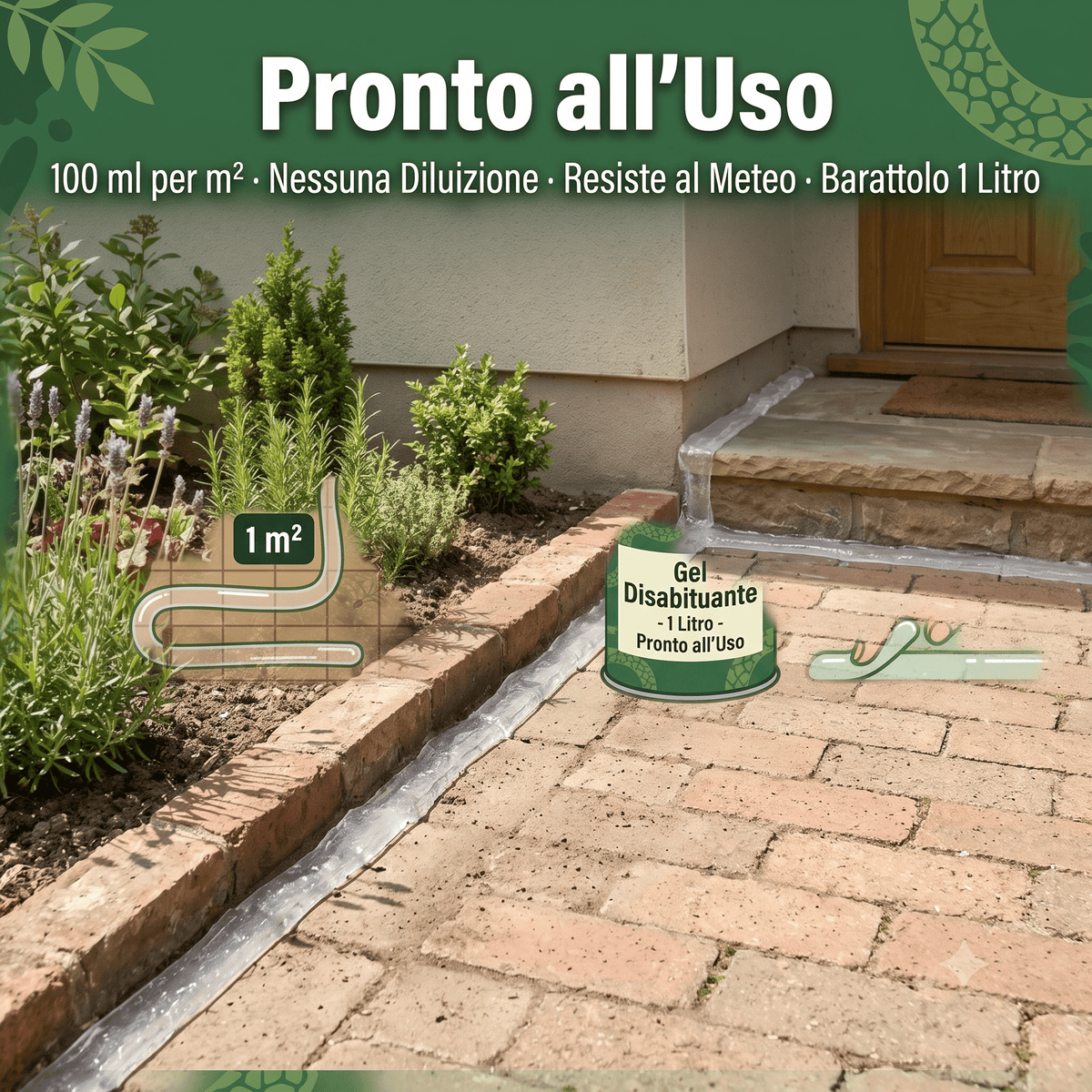 Gel disabituante applicato a terra sul perimetro esterno come efficace repellente per serpenti pronto all'uso.