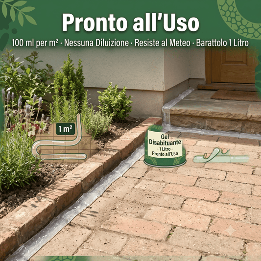 Applicazione del repellente per rettili da giardino in gel pronto all'uso su un vialetto esterno per creare una barriera.