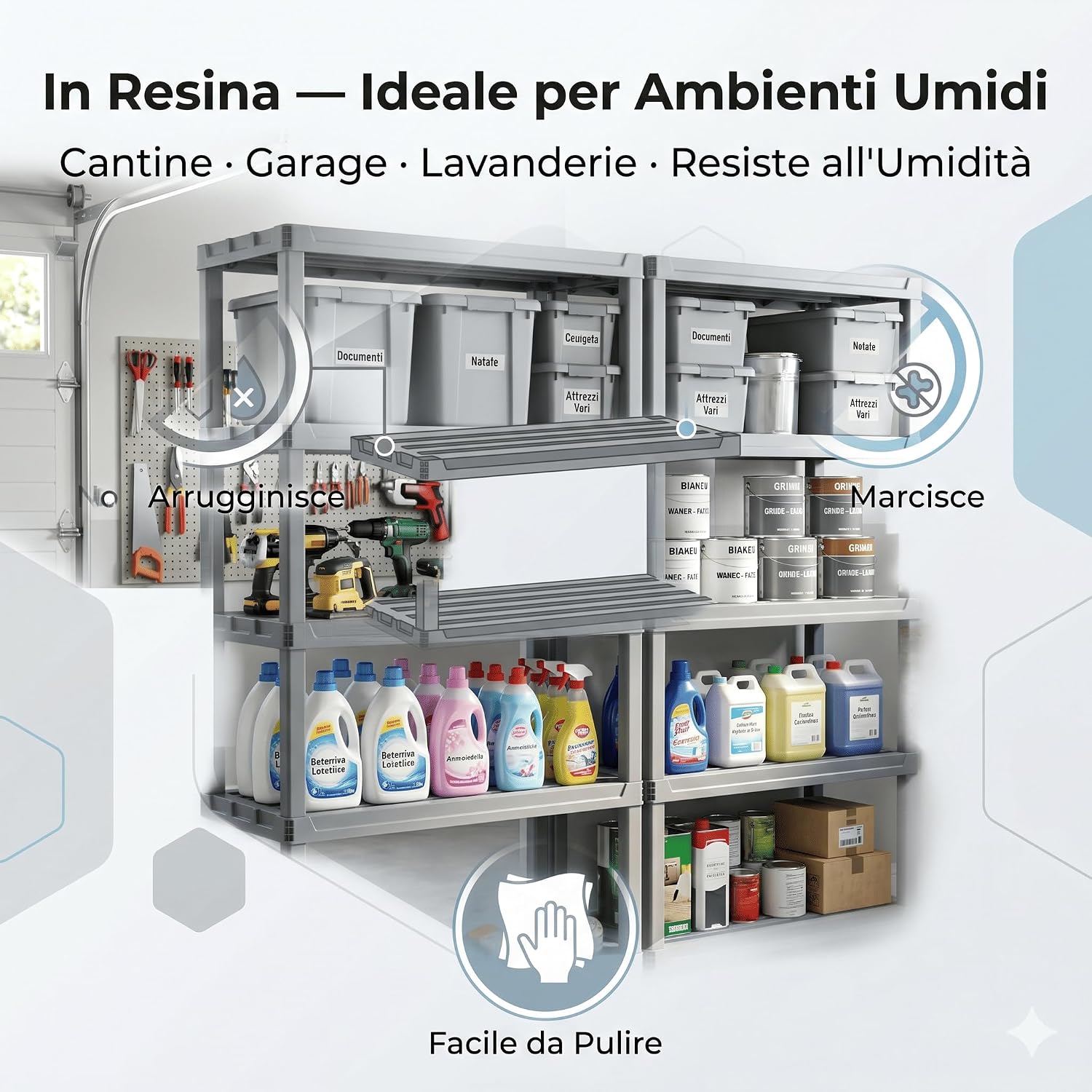 Scaffale in Resina 4 Ripiani 30x60x143h cm – Scaffalatura Portata 100 kg per Garage Cantina e Magazzino – Scaffale Plastica Resistente Montaggio a Incastro Senza Viti - Lemag srl