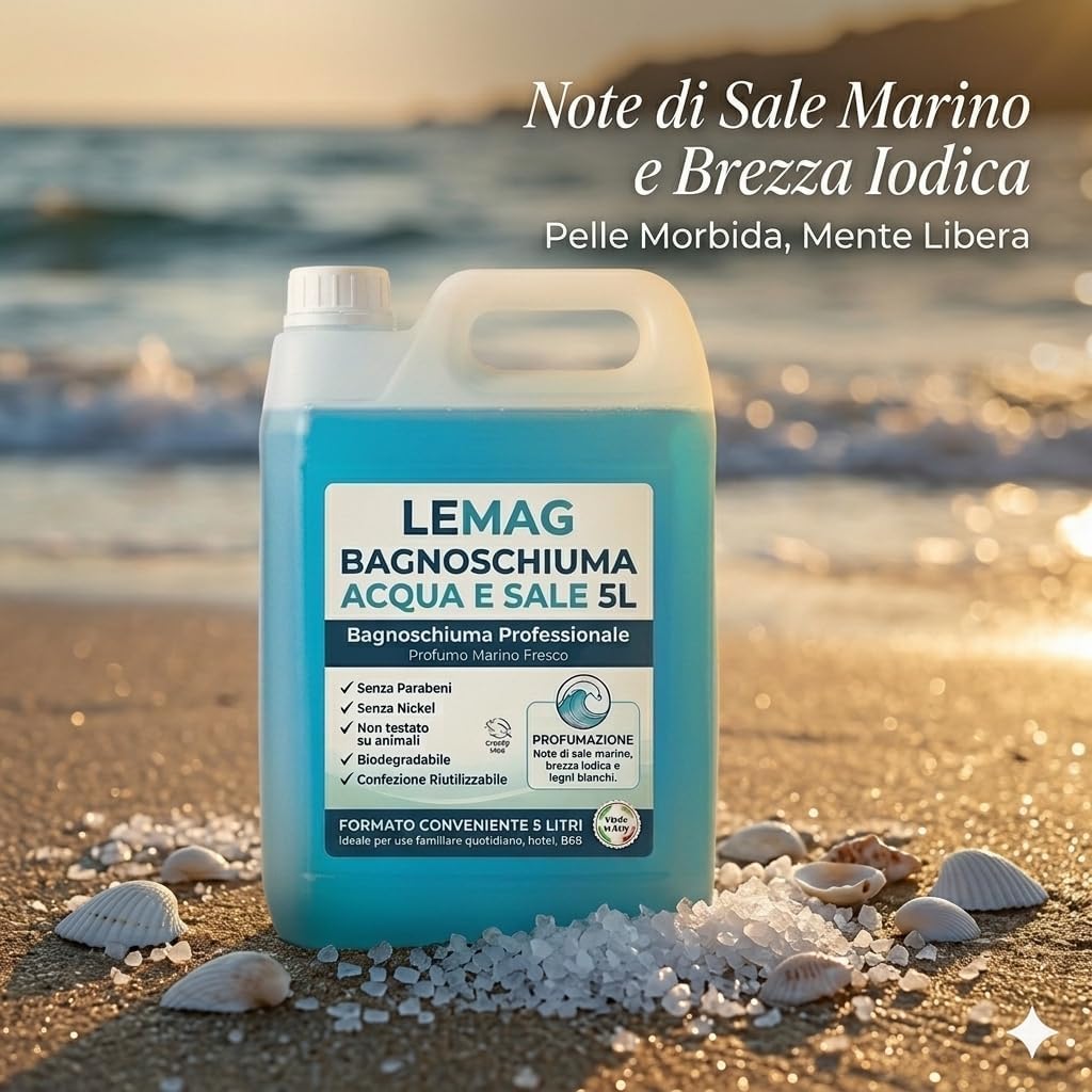 Bagnoschiuma Acqua e Sale 5 Litri — Docciaschiuma Profumo Marino Fresco con Note di Sale e Brezza Iodica, Senza Parabeni e Nickel, Biodegradabile, Cruelty Free — Made in Italy - Lemag srl