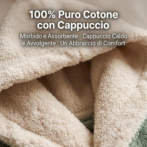 Dettaglio del cappuccio morbido e assorbente in spugna dal set 2 accappatoi cotone.