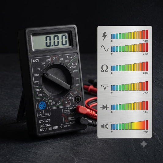 Un tester multimetro digitale DT-830B con display LCD e schema esplicativo delle funzioni di misurazione di tensione e resistenza.