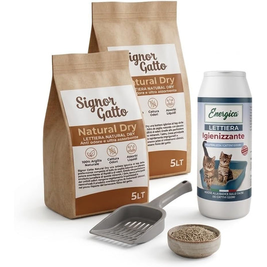 Kit Lettiera Gatto Completo - Lettiera in Argilla Naturale 10 L + Igienizzante Granulare 1 L + Paletta - Tutto per la Lettiera in Una Sola Consegna - Lemag srl