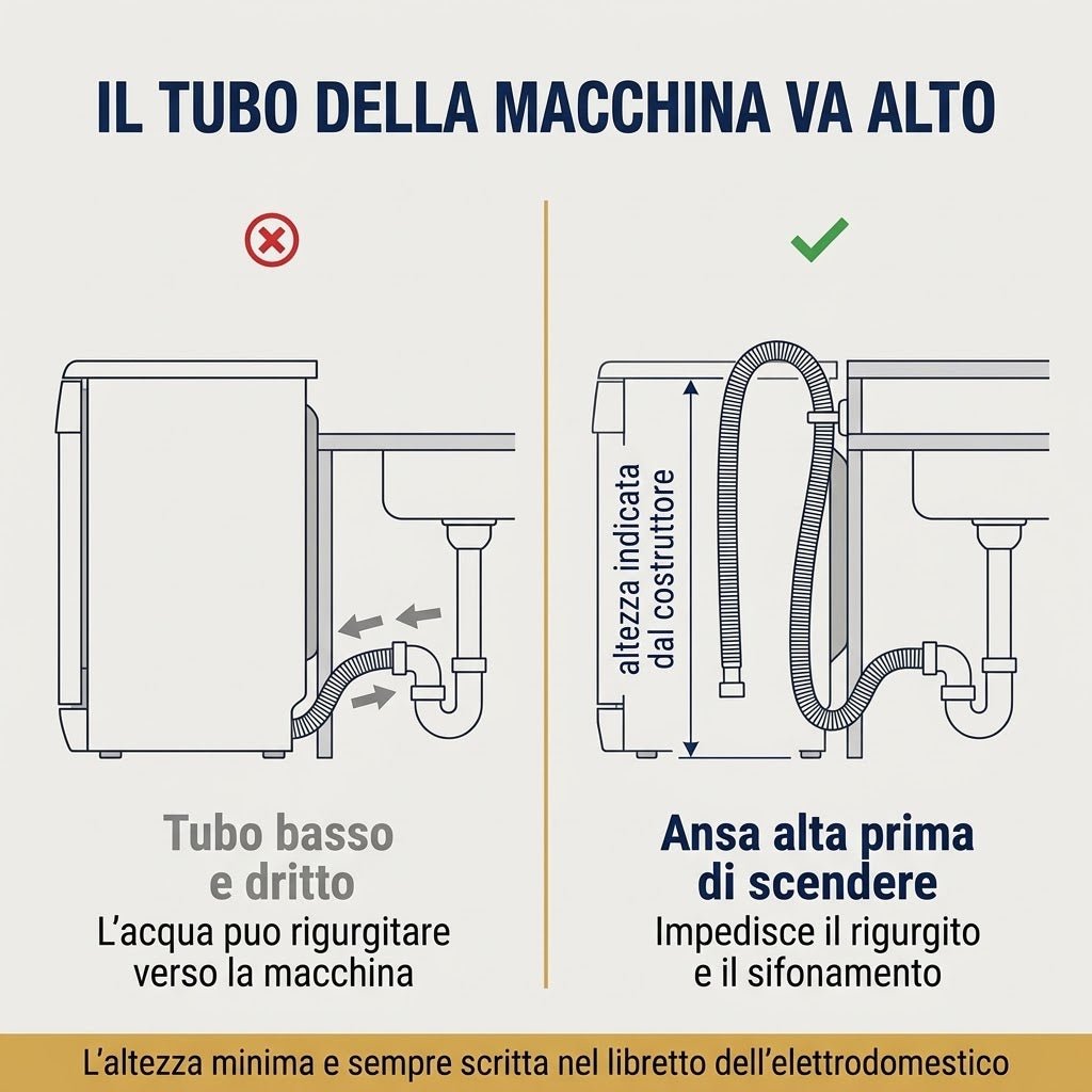 Schema illustrativo per collegare lo scarico della lavastoviglie al sifone lavello doppia vasca ed evitare rigurgiti d'acqua.
