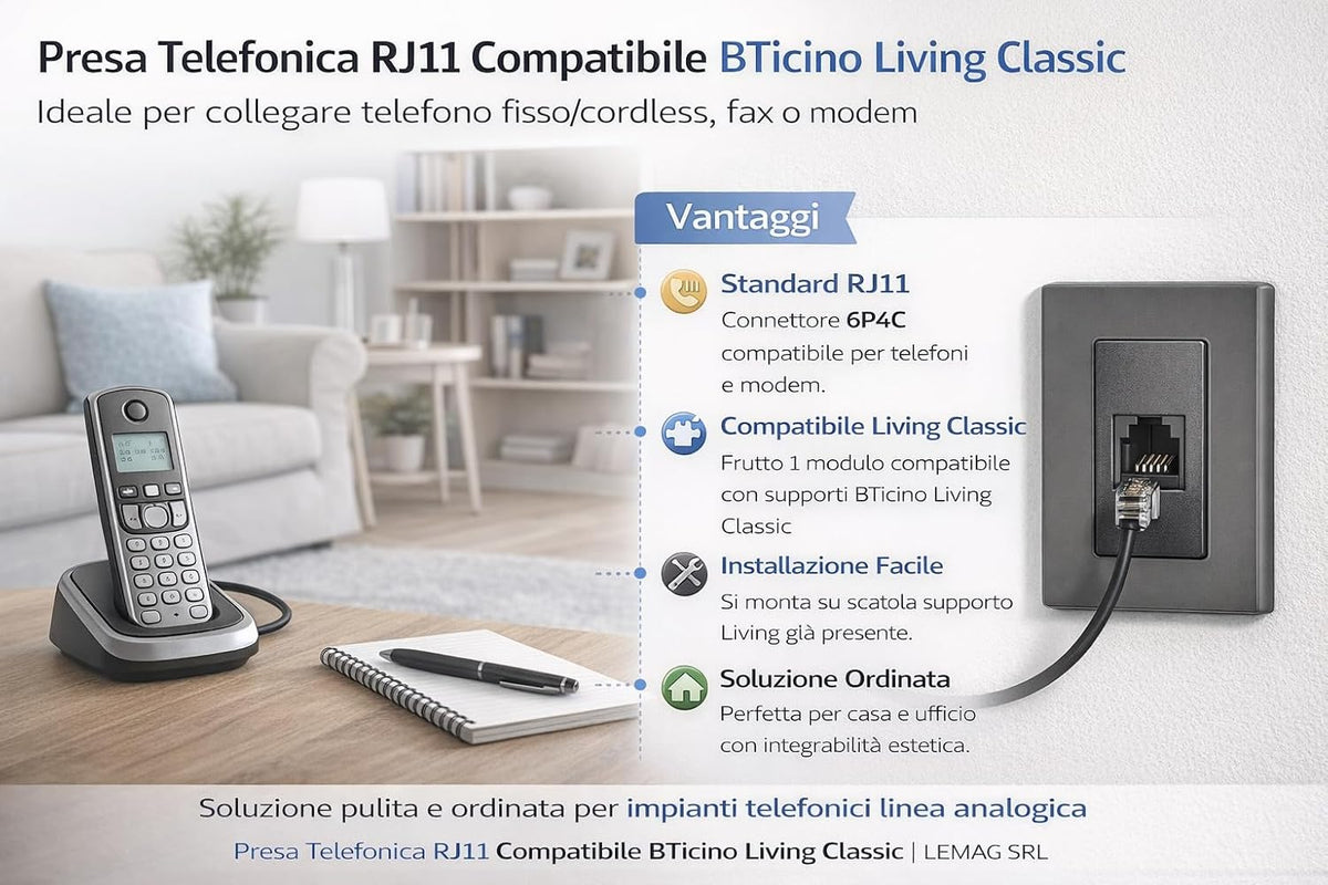 Presa Telefono RJ11 Compatibile BTicino Living Classic – Modulo 1 Posto per Placca Serie Living, Presa Telefonica RJ11 per Casa/Ufficio, Installazione Incasso - Lemag srl
