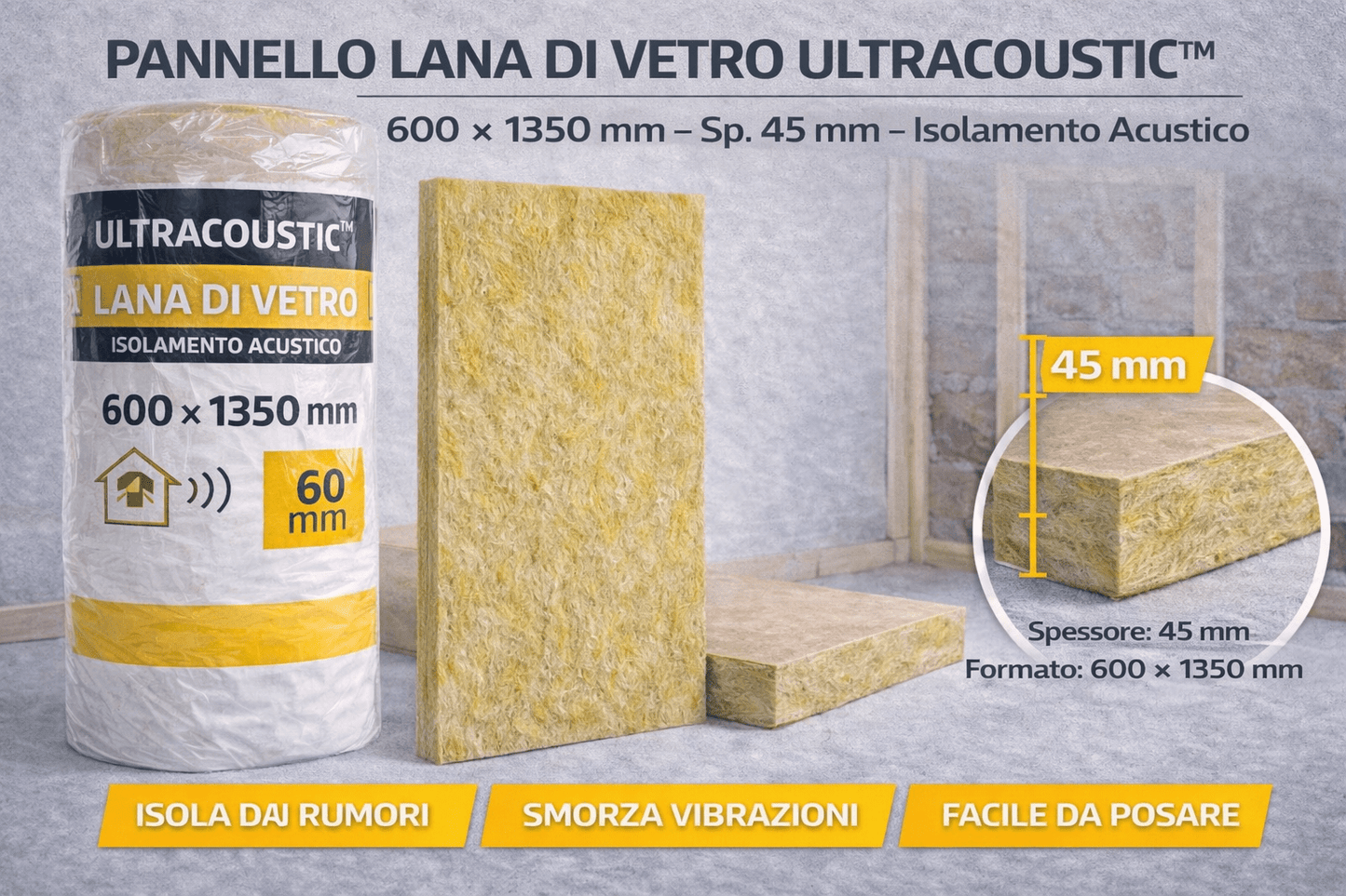 Pannello Lana di Vetro Ultracoustic 600x1350 mm Sp.45mm Isolamento Acustico - Lemag srl