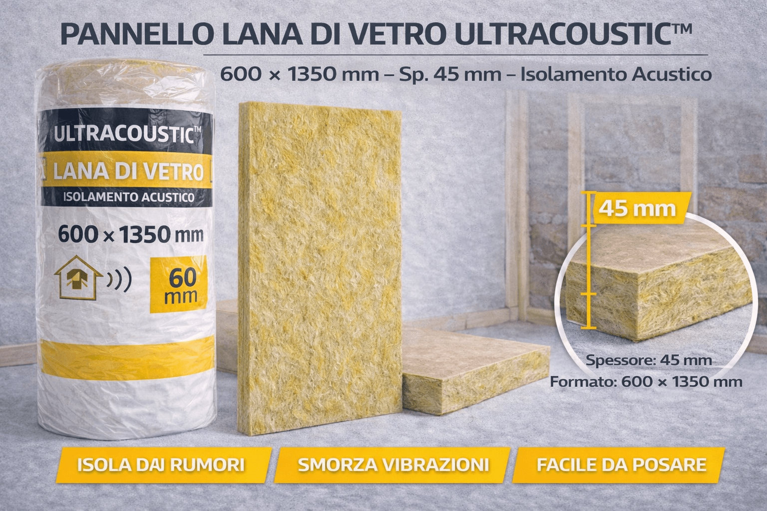 Pannello Lana di Vetro Ultracoustic 600x1350 mm Sp.45mm Isolamento Acustico - Lemag srl