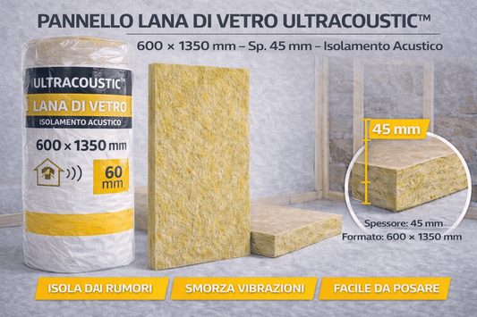 Pannello Lana di Vetro Ultracoustic 600x1350 mm Sp.45mm Isolamento Acustico - Lemag srl