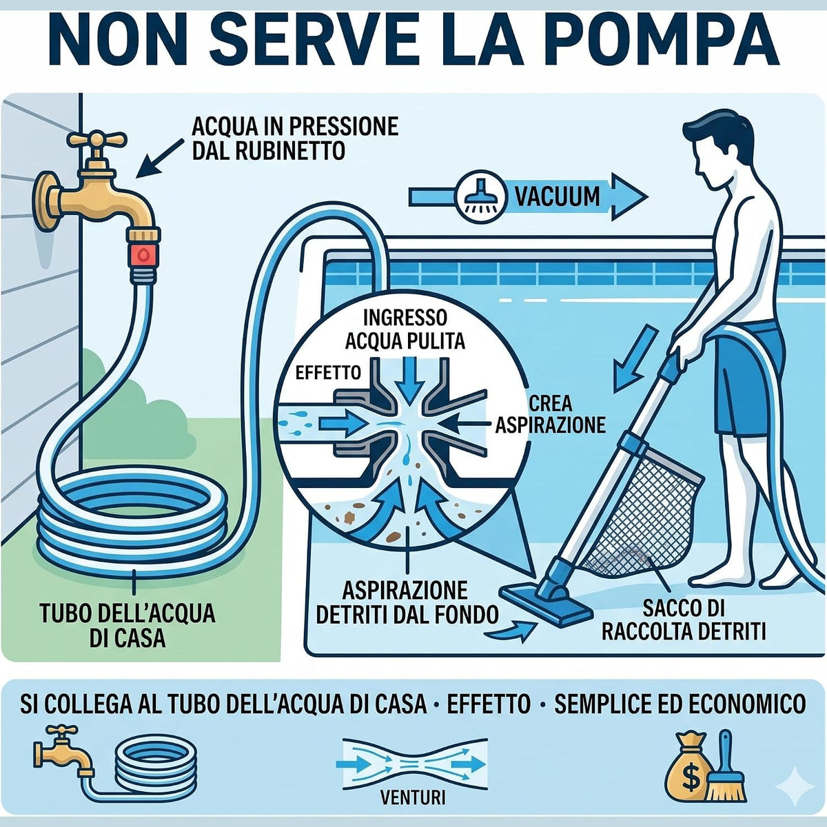 Come funziona la scopa aspirante piscina venturi senza pompa: infografica sull'effetto Venturi per pulire il fondo piscina.