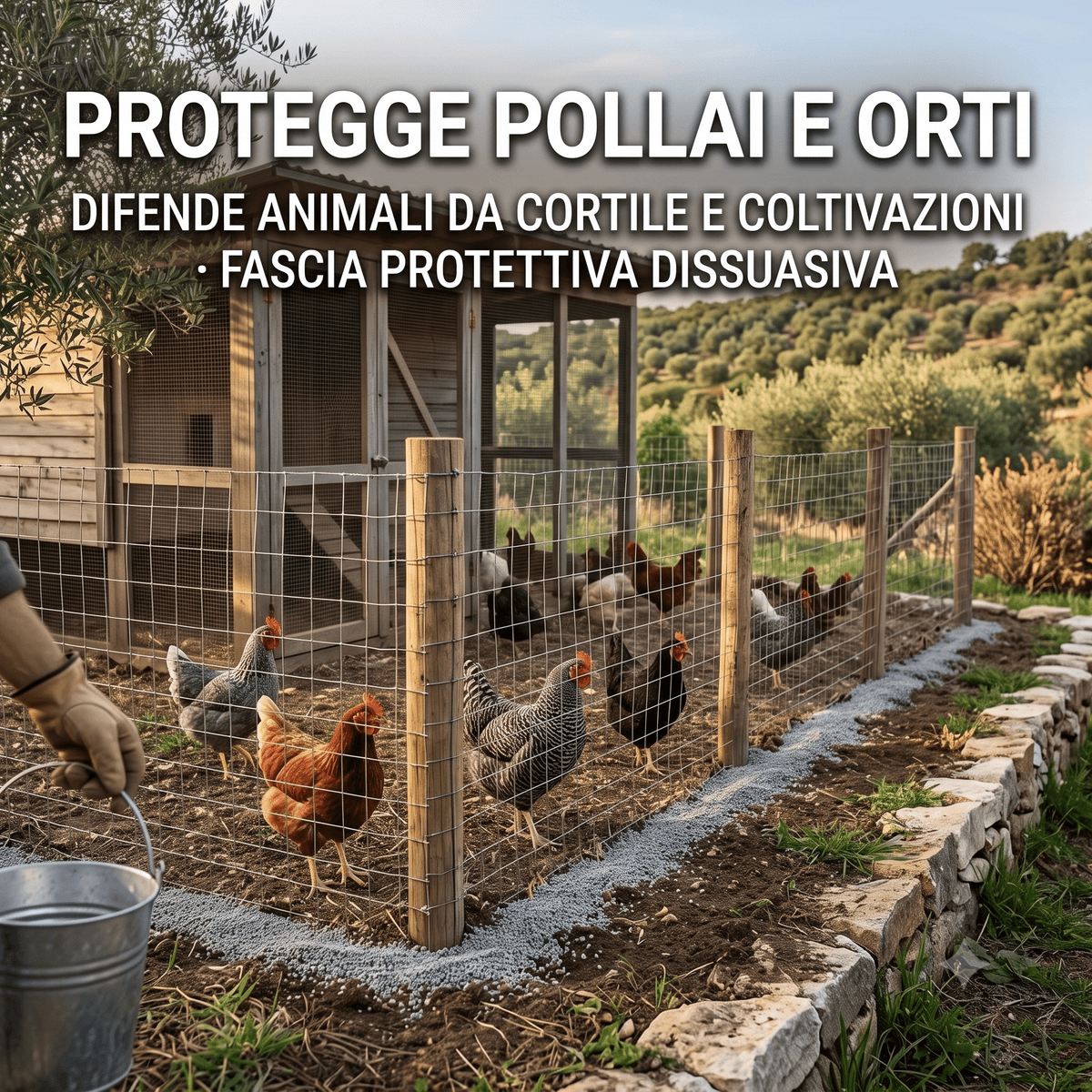 Applicazione di disabituante per volpi e faine in granuli lungo il perimetro di un pollaio con galline.