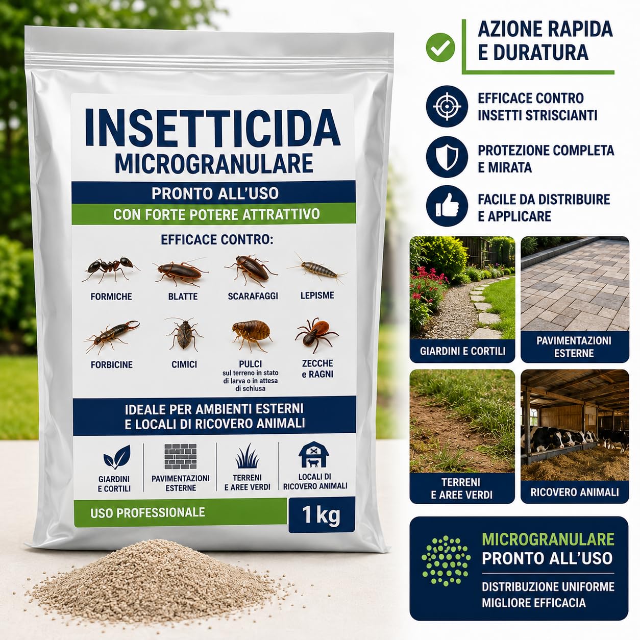 Insetticida Microgranulare 1 Kg per Formiche Pulci Zecche Scarafaggi Blatte Ragni Uso Professionale Esterno Pronto all’Uso - Lemag srl