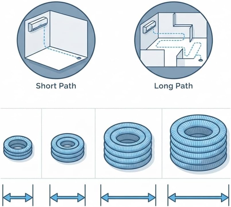 Schema di installazione percorso corto e lungo con tubo scarico condensa condizionatore flessibile disponibile in varie lunghezze.