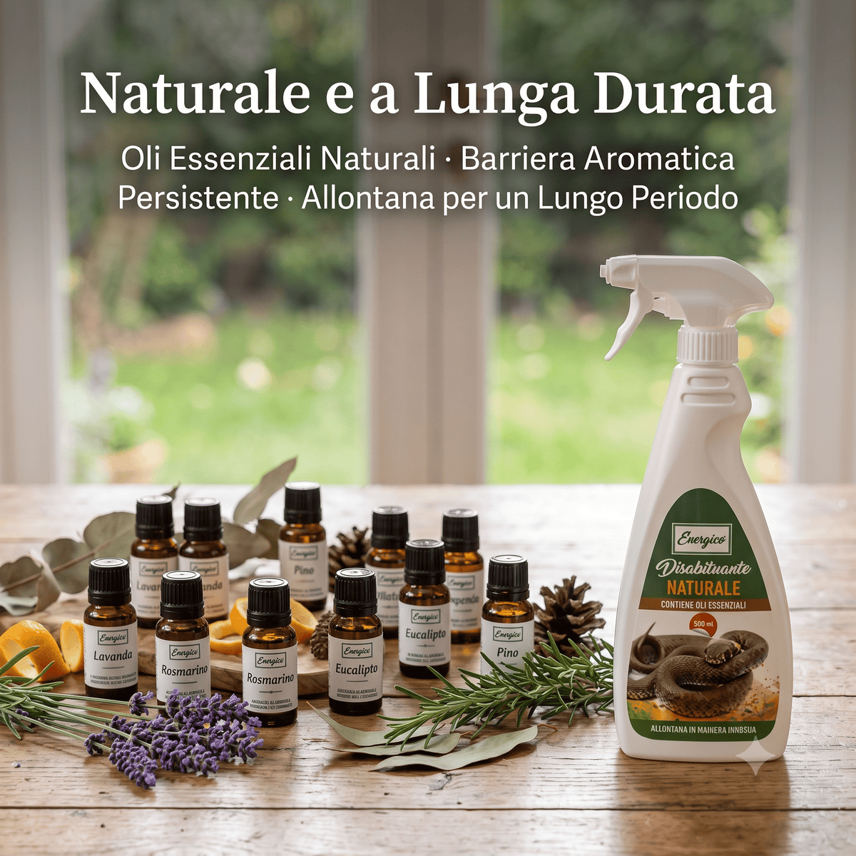 Il disabituante vipere spray Energica naturale con oli essenziali di lavanda e rosmarino per allontanare i rettili da giardino.