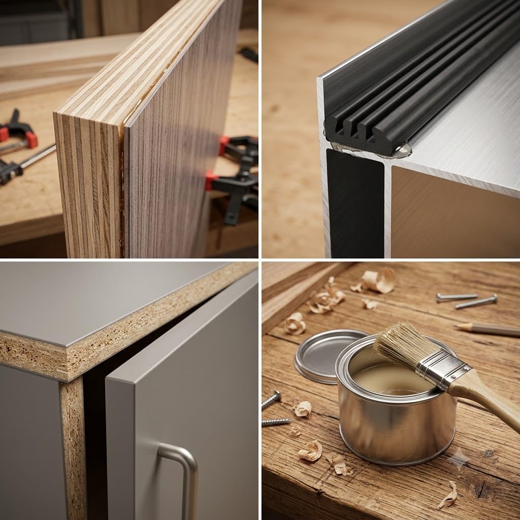 Applicazioni di colla a contatto per laminato su diversi materiali come legno, metallo e gomma, con barattolo e pennello.