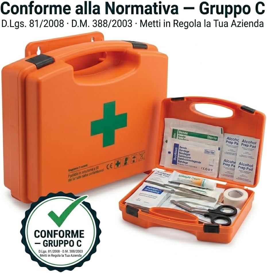 Cassetta Primo Soccorso Gruppo C – Conforme D.Lgs. 81/2008 D.M. 388/2003 – Kit Pronto Soccorso Aziendale per Aziende fino a 3 Lavoratori – Attacco a Parete in Polipropilene | Made in Italy - Lemag srl