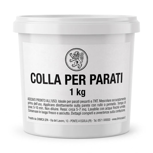Barattolo di colla per carta da parati in polvere ideale per applicare rivestimenti e parati su pareti interne.