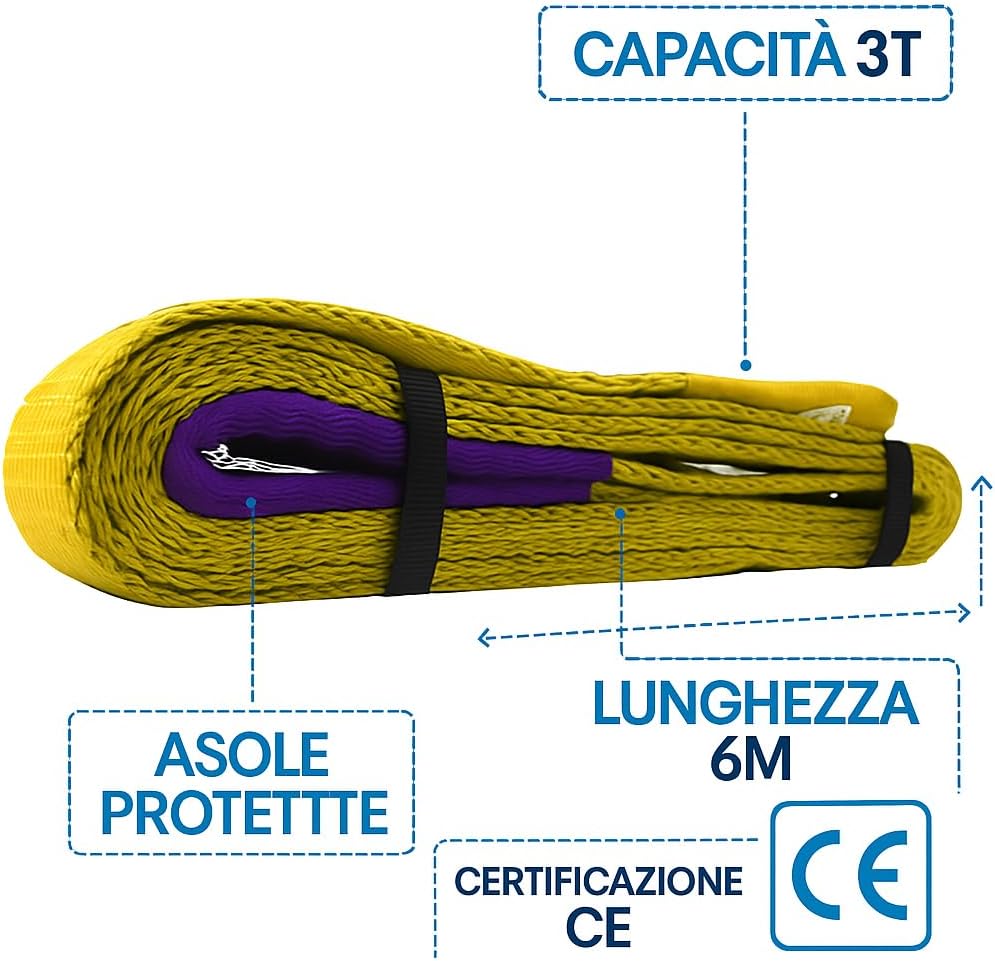 Fascia di Sollevamento 3 Ton – Lunghezza 6 Metri – Cinghia in Poliestere ad Alta Resistenza con Asola Rinforzata – Conforme Norme CE - Lemag srl