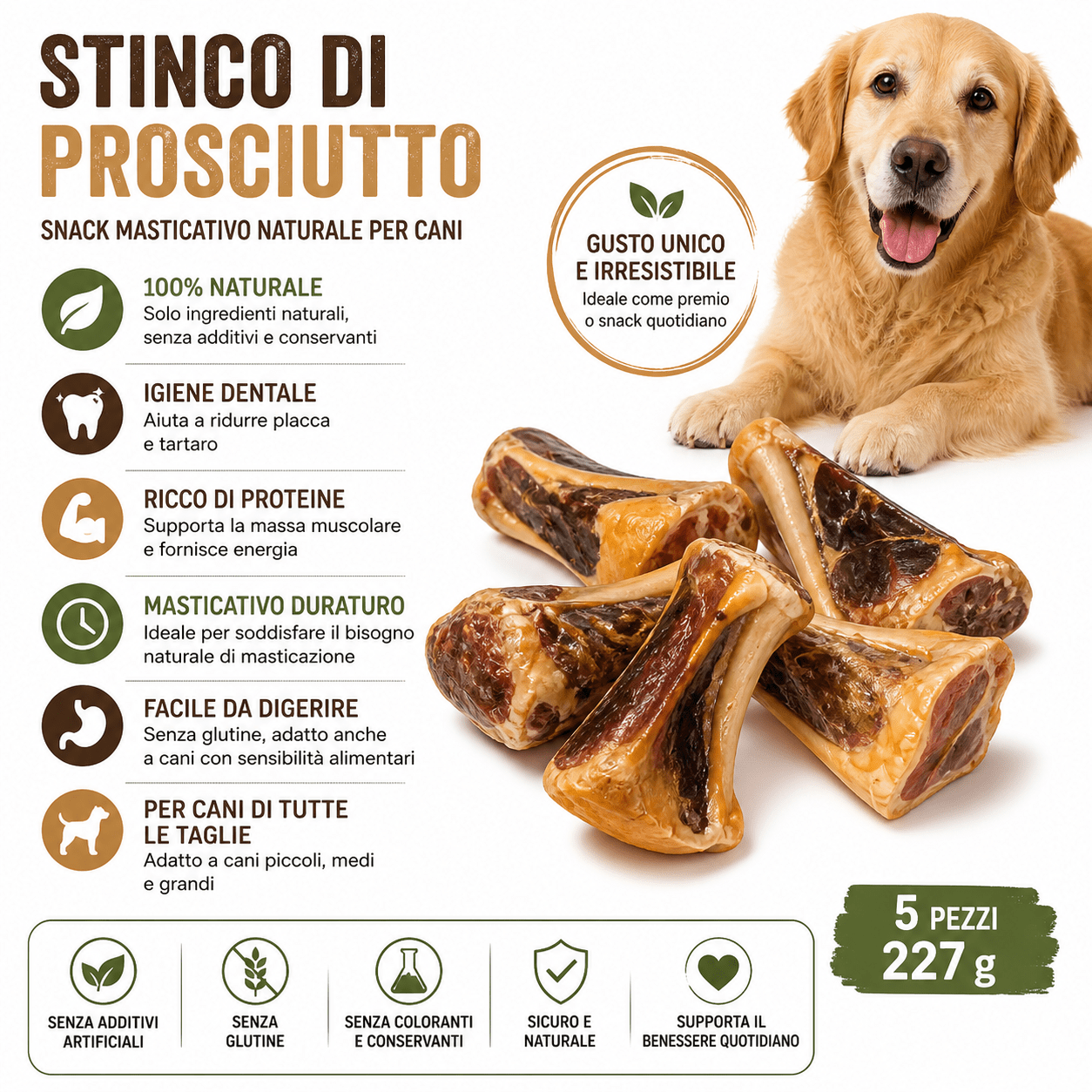 Snack per Cani Stinco di Prosciutto 5 Pezzi 227 g Masticativo Naturale Igiene Dentale - Lemag srl