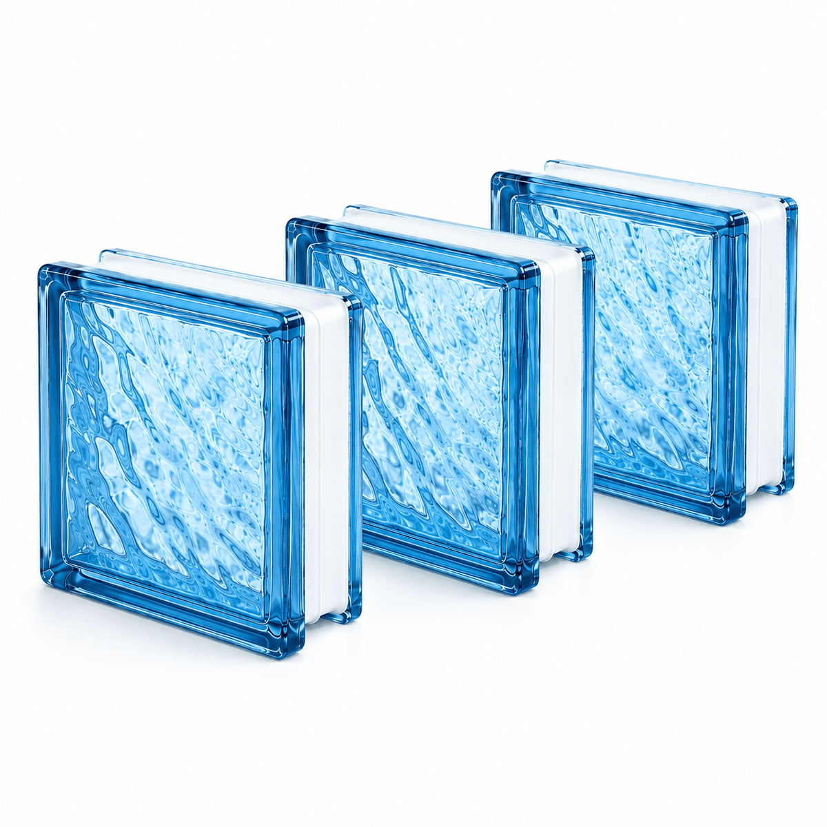 Set da 3 pezzi di vetromattone celeste ondulato 19x19x8 cm per pareti divisorie decorative di bagno, cucina e interni.