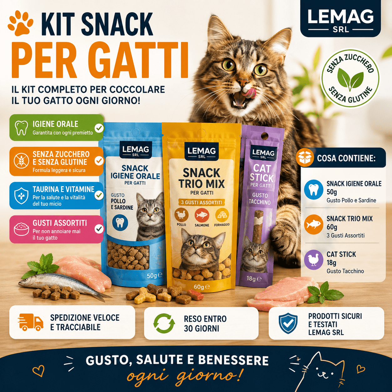 Kit Snack Gatto 9 Confezioni — 3x Igiene Orale 50g + 3x Trio Mix 60g + 3x Cat Stick 18g Naturale Senza Zucchero LEMAG - Lemag srl