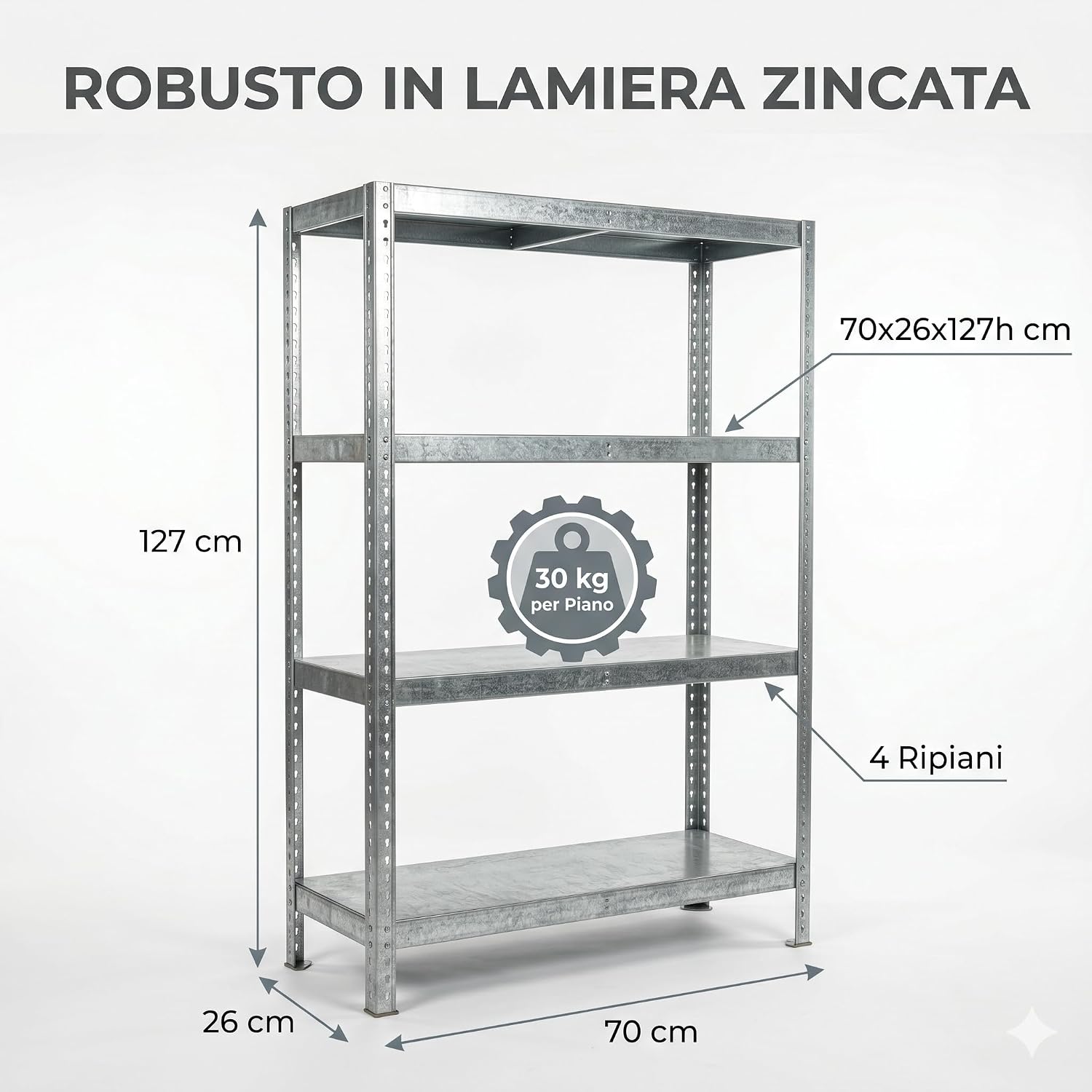 Scaffale in Metallo 4 Ripiani 70x26x127h cm – Scaffalatura in Lamiera Zincata Portata 30 kg per Piano – Scaffale Garage Cantina Magazzino con Fissaggio a Parete Incluso - Lemag srl