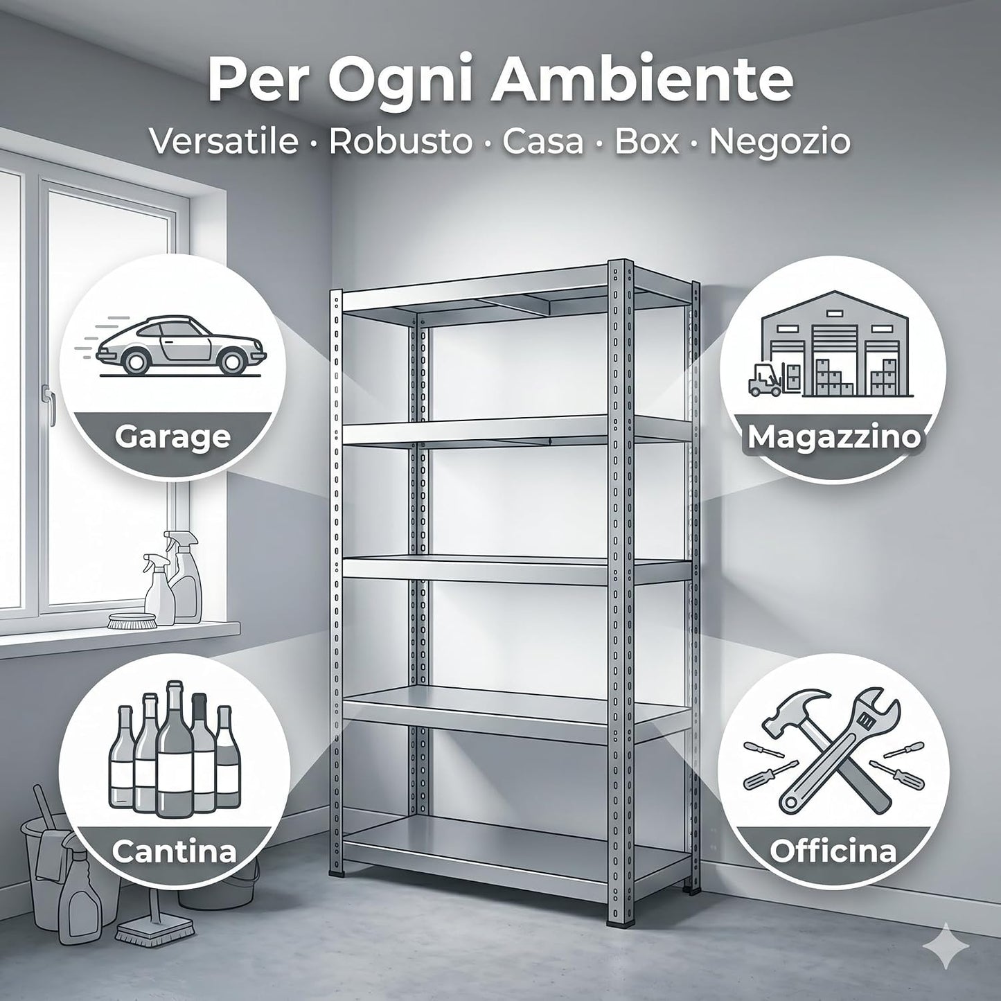 Scaffale in Metallo 4 Ripiani 70x26x127h cm – Scaffalatura in Lamiera Zincata Portata 30 kg per Piano – Scaffale Garage Cantina Magazzino con Fissaggio a Parete Incluso - Lemag srl