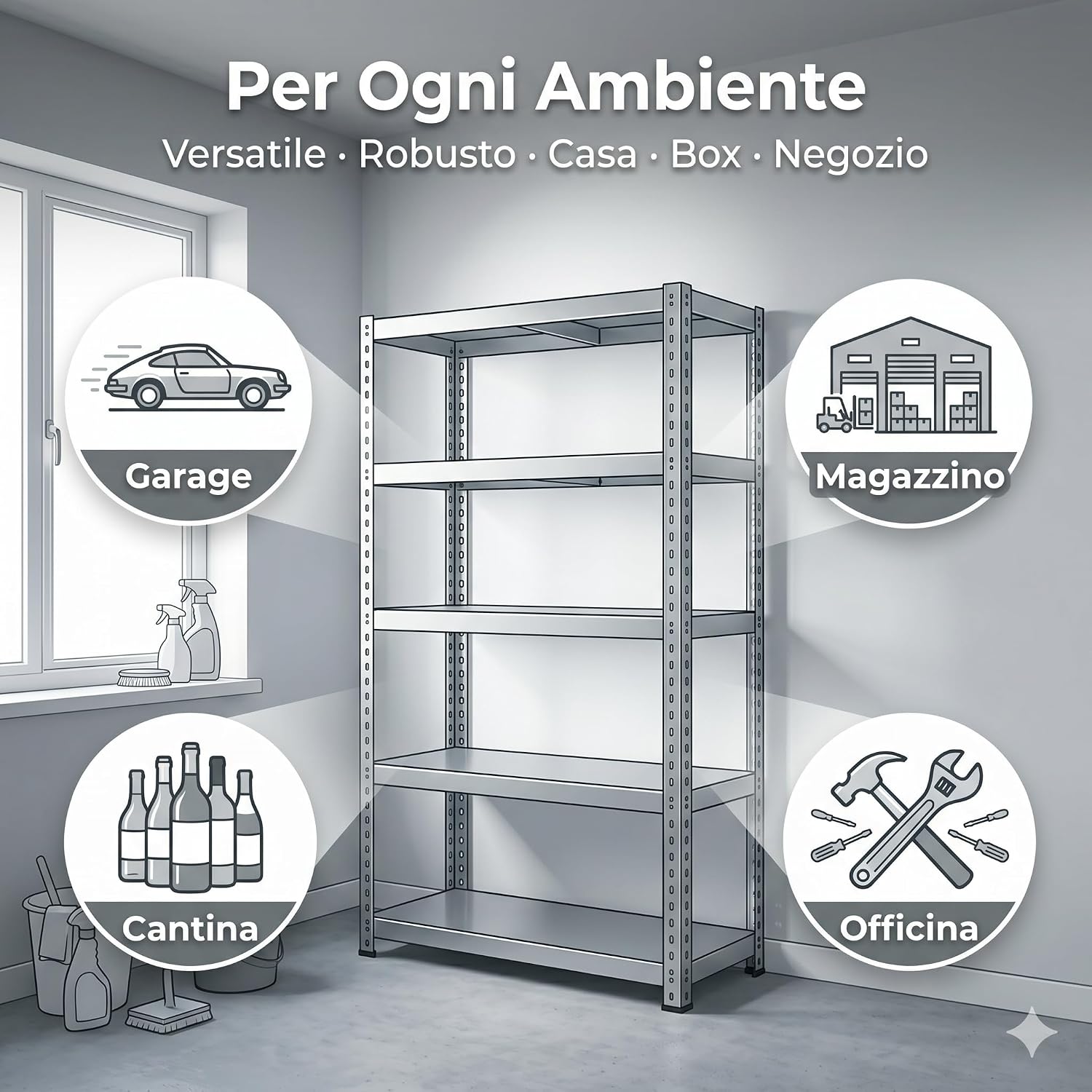Scaffale in Metallo 4 Ripiani 70x26x127h cm – Scaffalatura in Lamiera Zincata Portata 30 kg per Piano – Scaffale Garage Cantina Magazzino con Fissaggio a Parete Incluso - Lemag srl