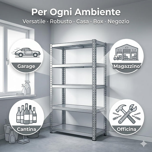 Scaffale in Metallo 4 Ripiani 70x26x127h cm – Scaffalatura in Lamiera Zincata Portata 30 kg per Piano – Scaffale Garage Cantina Magazzino con Fissaggio a Parete Incluso - Lemag srl