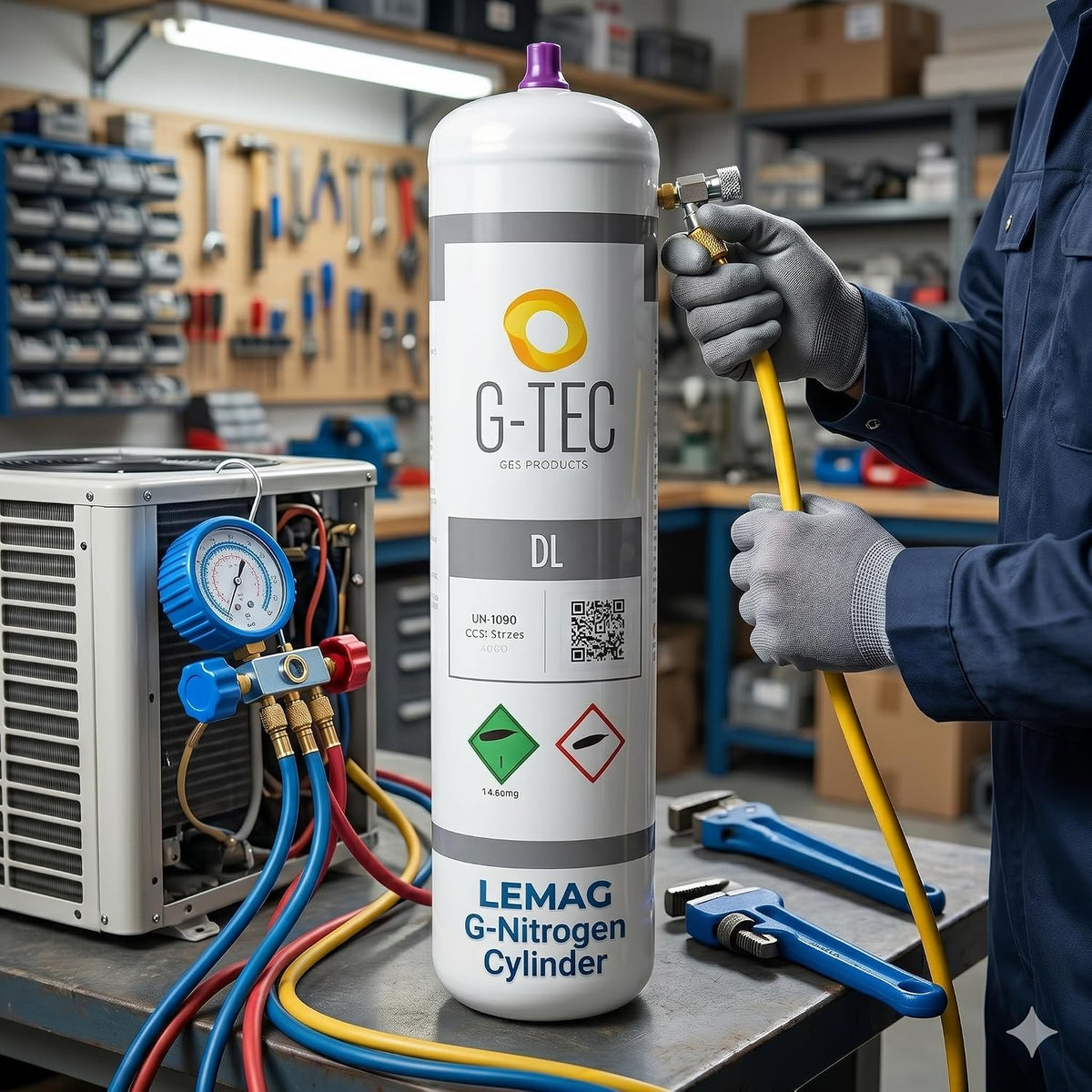 Bomboletta Azoto Tecnico G-Nitrogen 0,95L 121g – Valvola Universale – Spurgo Pressurizzazione Test Tenuta – Climatizzatori HVAC Split Multisplit Auto Celle Frigo Gas Inerte Non Infiammabile - Lemag srl