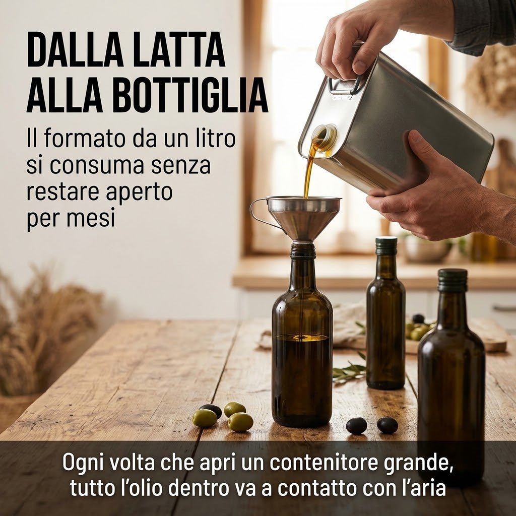 Travaso di olio d'oliva da una latta a bottiglie per olio vetro scuro Marasca da 1 litro per preservarne la freschezza.