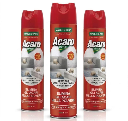 Confezione da 3 bombolette di spray antiacaro materassi Mayer Braun per eliminare gli acari della polvere da divani e tessuti.