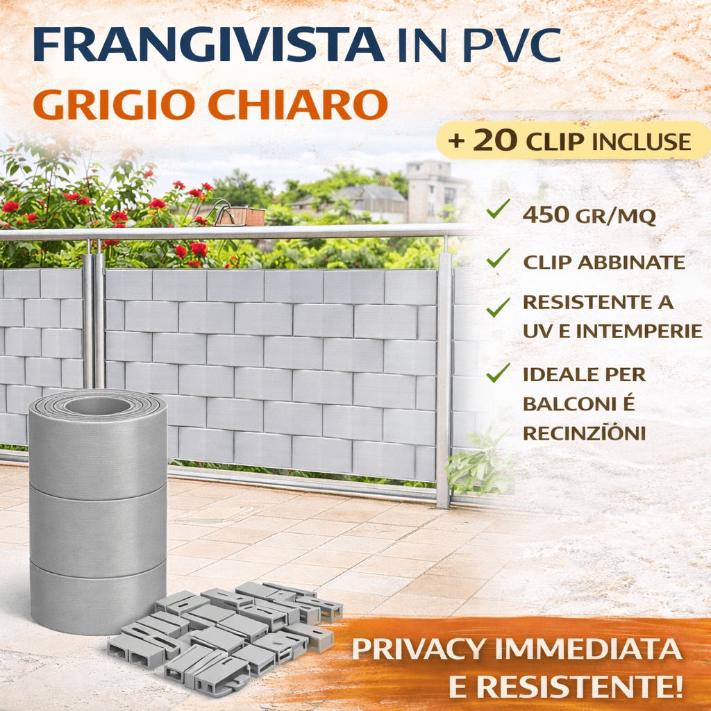 Striscia Frangivista in PVC Cardinale 19 cm x 35 m con 20 Clip Privacy Balcone Recinzione - Lemag srl
