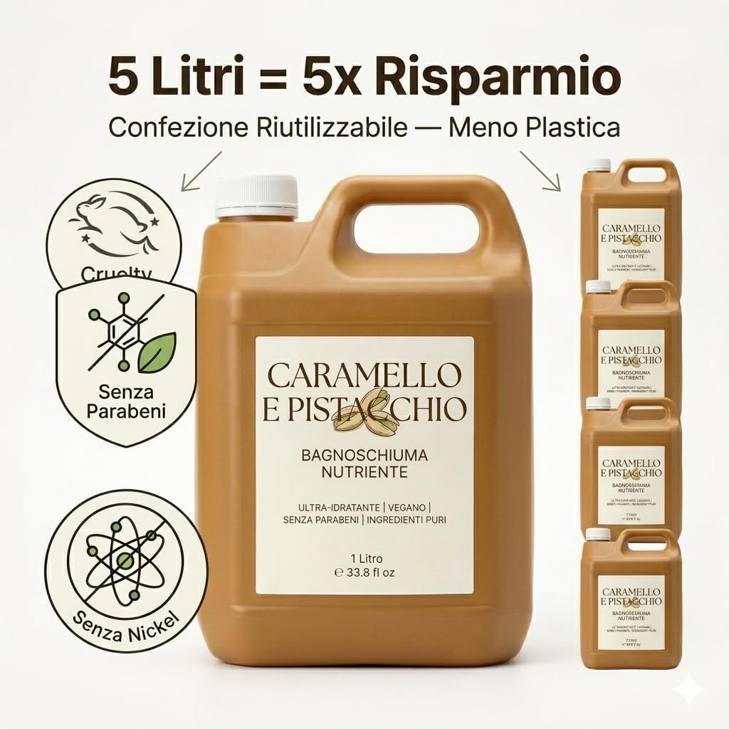 Bagnoschiuma Caramello e Pistacchio 5 Litri — Docciaschiuma Nutriente Profumo Gourmand Avvolgente, Senza Parabeni e Nickel, Vegano, Biodegradabile, Cruelty Free — Made in Italy - Lemag srl