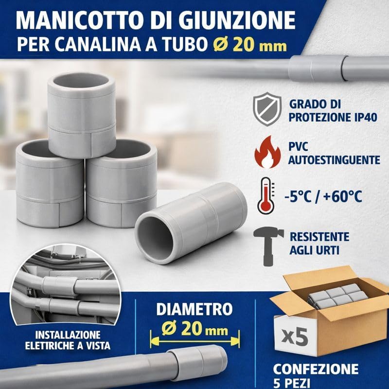 Manicotto di Giunzione per Canalina a Tubo Ø20 mm in PVC Autoestinguente IP40 per Impianti Elettrici a Vista Colore Grigio Confezione 5 Pezzi - Lemag srl
