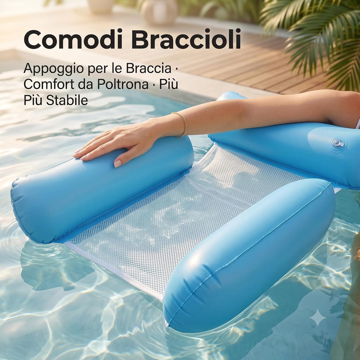 Dettaglio dei comodi braccioli di un lettino gonfiabile piscina con braccioli azzurro mentre una persona si rilassa in acqua.