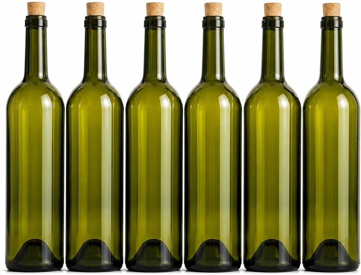 Bottiglia in Vetro per Vino Tipo Bordolese 0,75 Lt Verde con Tappo in Sughero Confezione 6 Bottiglie per Imbottigliamento Vino - Lemag srl