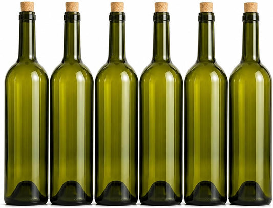 Bottiglia in Vetro per Vino Tipo Bordolese 0,75 Lt Verde con Tappo in Sughero Confezione 6 Bottiglie per Imbottigliamento Vino - Lemag srl