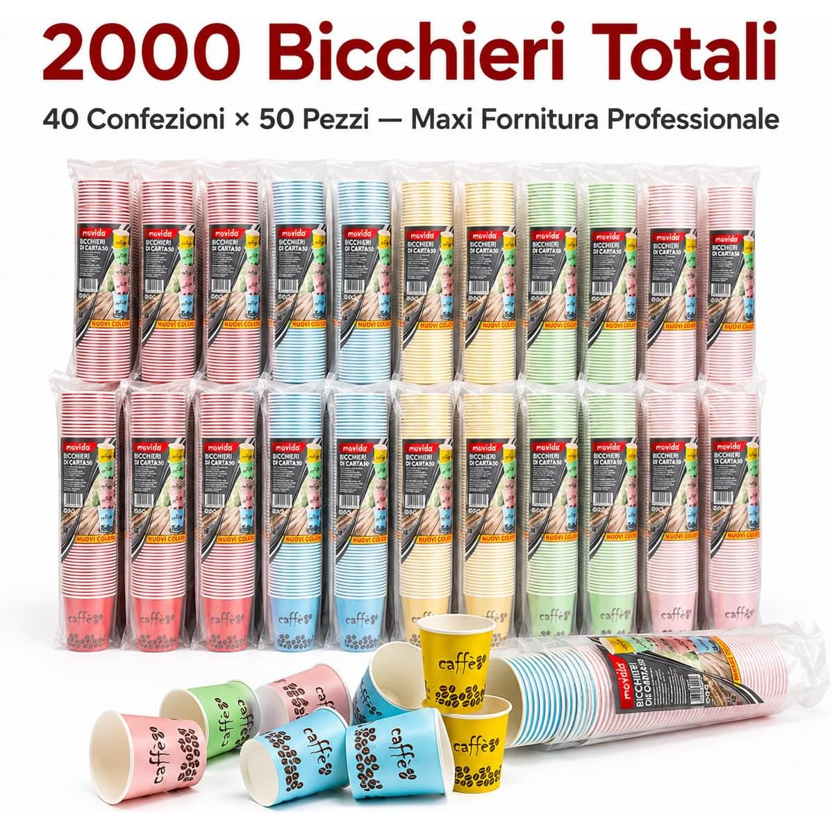 Fornitura da 2000 bicchieri caffè biodegradabili colorati in confezioni da 50 pezzi, ideali per eventi, bar e ufficio.