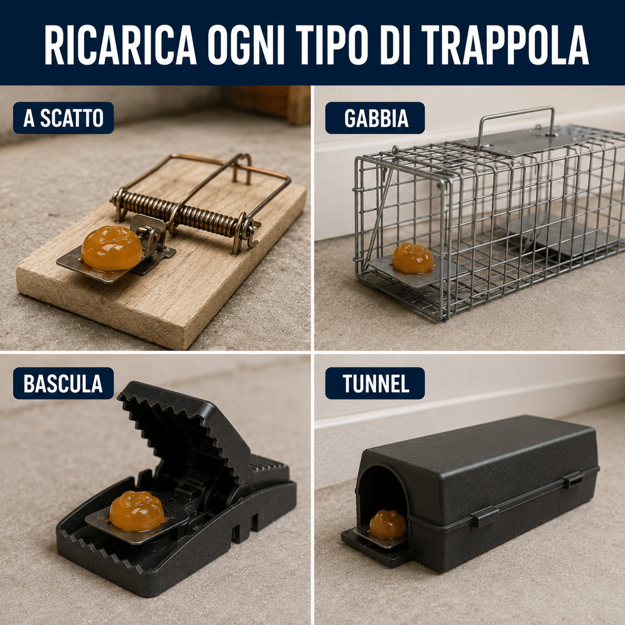 Attrattivo per topi e ratti in gel utilizzato in diverse trappole: a scatto, gabbia, bascula e tunnel.
