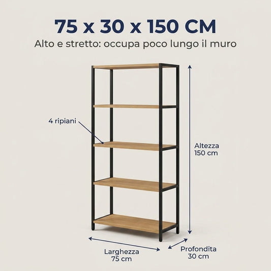 Scaffale industriale 4 ripiani 75x30x150 cm con descrizione delle dimensioni e caratteristiche per l'organizzazione degli spazi.