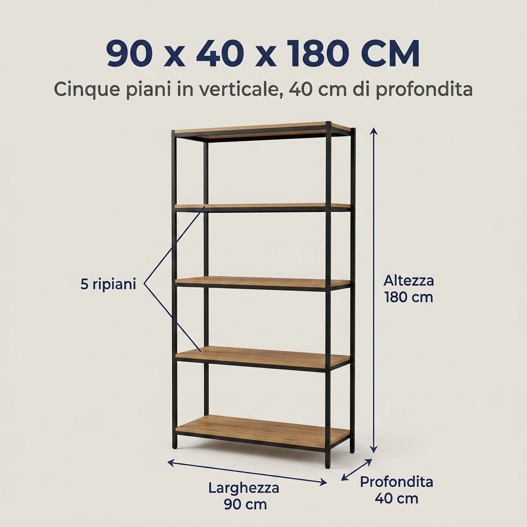 Scaffale industriale 5 ripiani acciaio verniciato 90x40x180 cm, montaggio senza attrezzi.