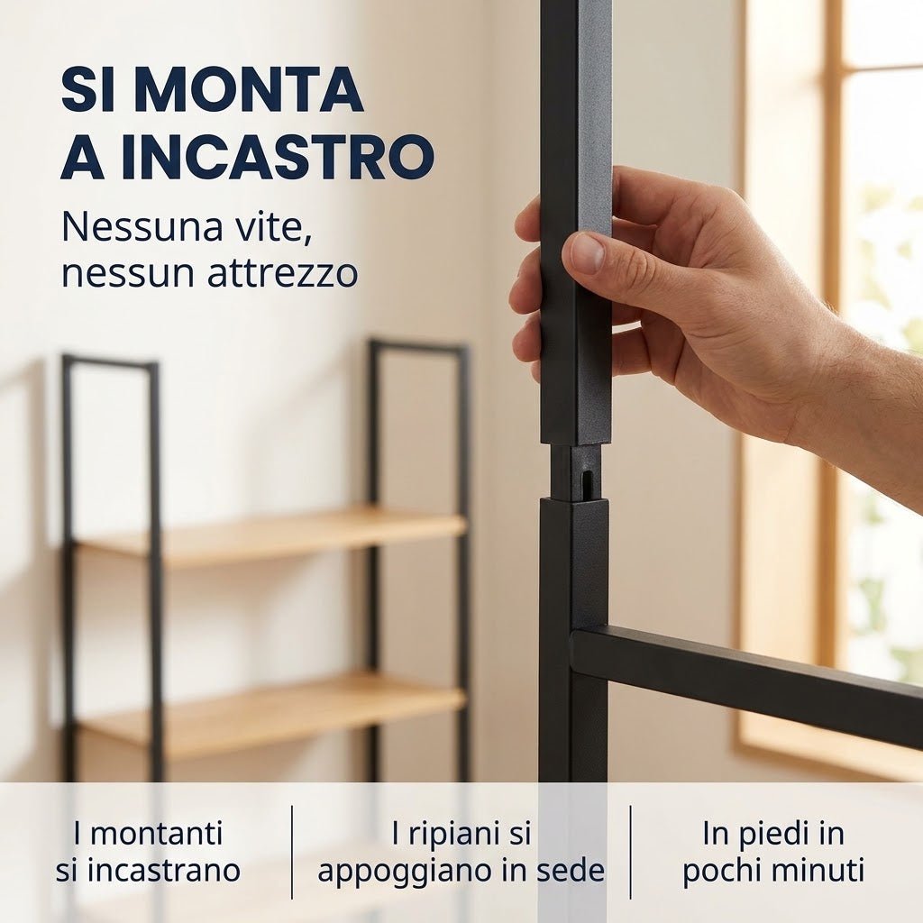 Scaffale industriale 4 ripiani in fase di montaggio a incastro senza attrezzi, struttura in acciaio nero.